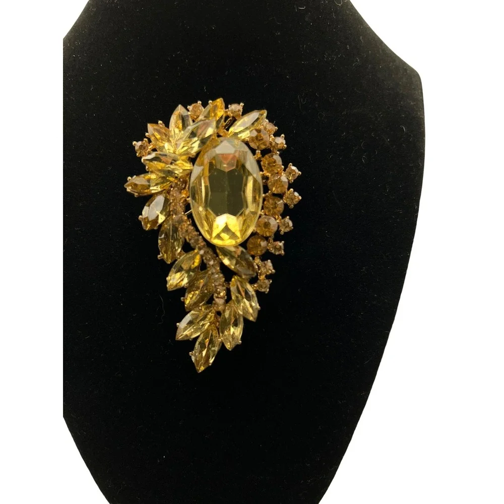 Vintage‎ Topaz Rhinestone Brooch Large Gold Statement Amber Glass Pin